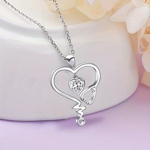 Elegant 925 Silver Plated Hollow Heart Inlaid Zircon ECG Pendant Necklace